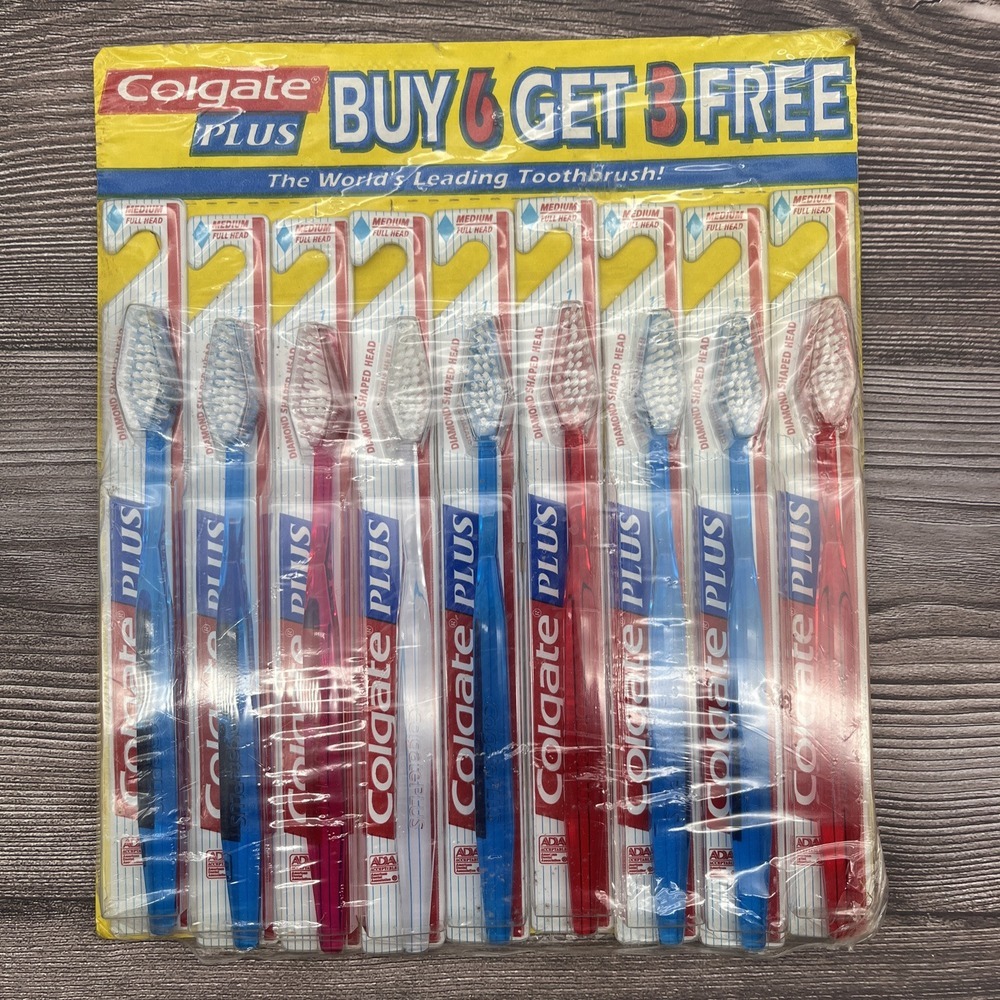 9 NOS Vintage Colgate Plus Toothbrush Diamond 9 Shaped Full MEDIUM Head SEALED